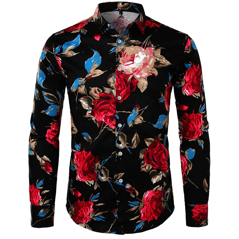 thumbnail image 1 of Camisas estampadas con flores rosas estilo retro estilo hipster para hombre, camisas casuales ajustadas de manga larga, elásticas, blusas con botones para hombre, 1 of 4
