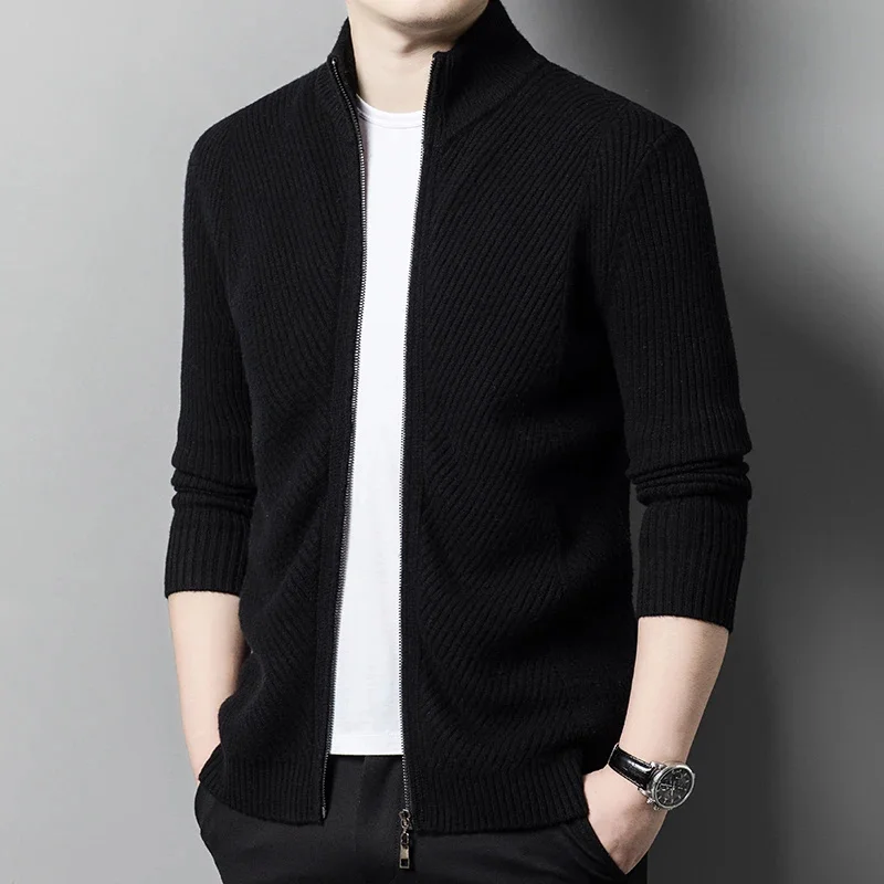 thumbnail image 1 of Cárdigan de punto para hombre, suéter de lana pura para otoño e invierno, cuello alto, informal, grueso, suelto, estilo coreano, abrigo de temperamento para hombre, 1 of 4