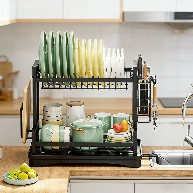 2-Tier Metal Dish Drying Rack with Drain Tray, Multifunctional Kitchen Plate Cup Utensil Holder with Cutting Board Rack, Extra 3 Cleaning Towels Included