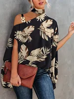 Plus Size Sexy Halter Loose Blouse Tops Women's Elegant Print Off Shoulder Batwing Sleeve Pullover Shirt 2023 Summer Fashion Str - Image 6
