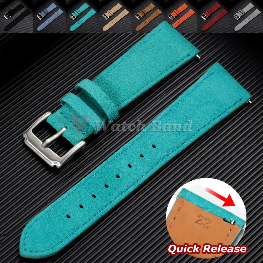 Vintage Suede Leather Quick Release Watch Strap with Calfskin Band and Classic Pin Buckle