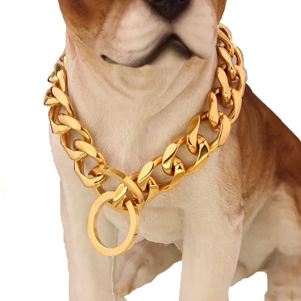 Gold Chain Dog Collar 15mm Wide Heavy Duty Metal Cuban Link