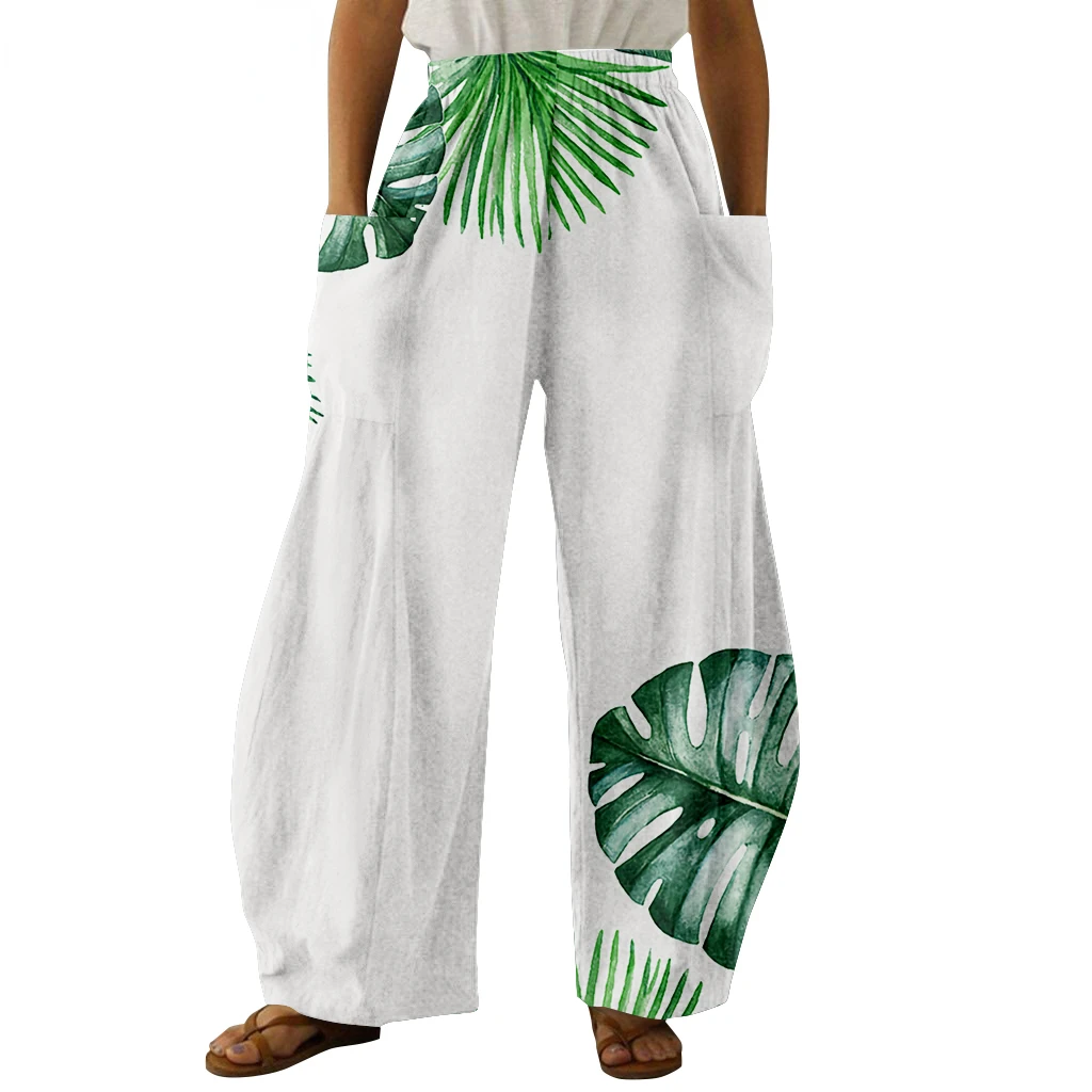 Spring Stylish Plant Print Pants Summer Oversized Girls Y2K Trousers Women Pocket Trousers Wide Leg Pants Elegant Pantalon
