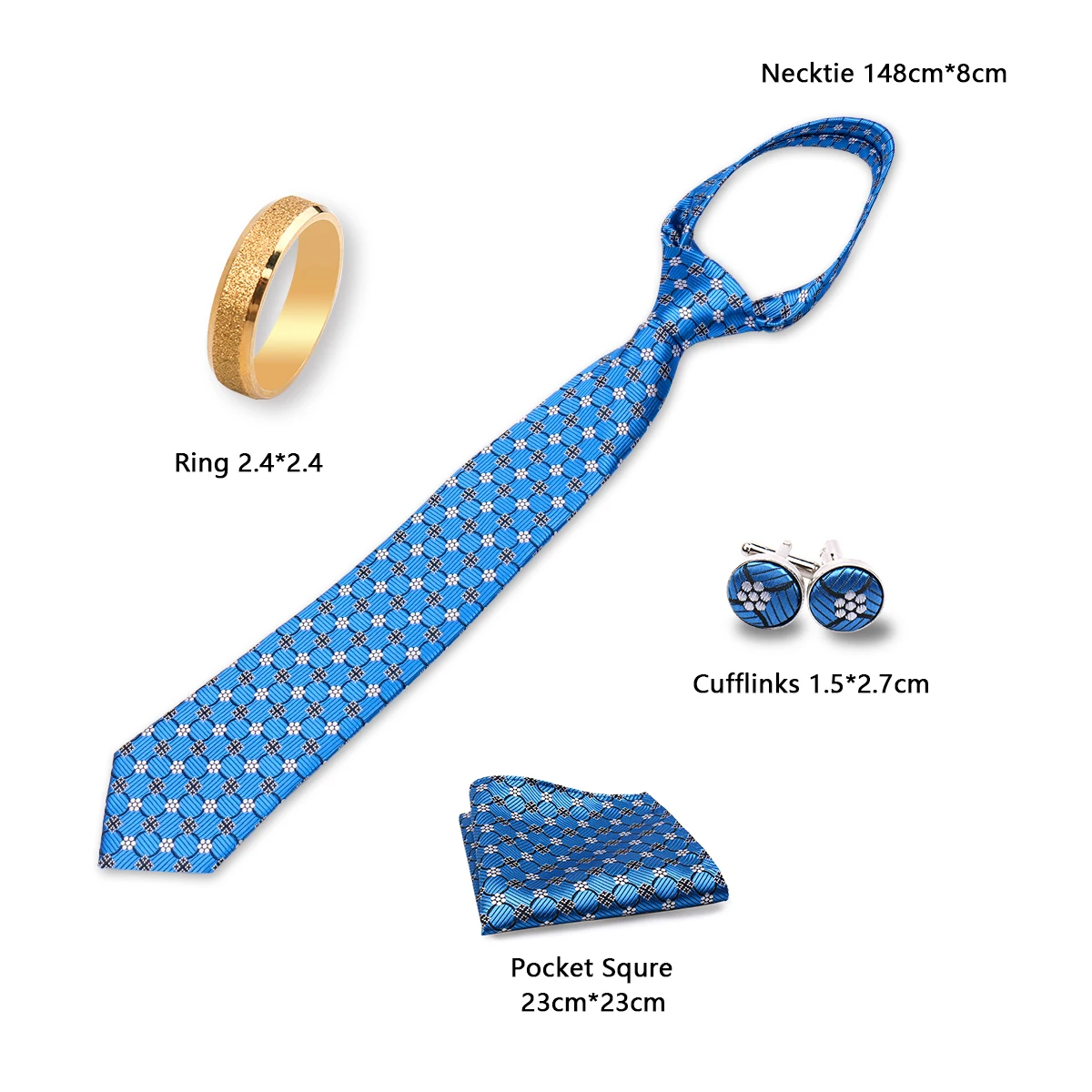 Neck Tie Men Gold Metal 8cm Necktie Handkerchief Cufflinks Metal Ring Brooch Pin Set Luxury Wedding Party