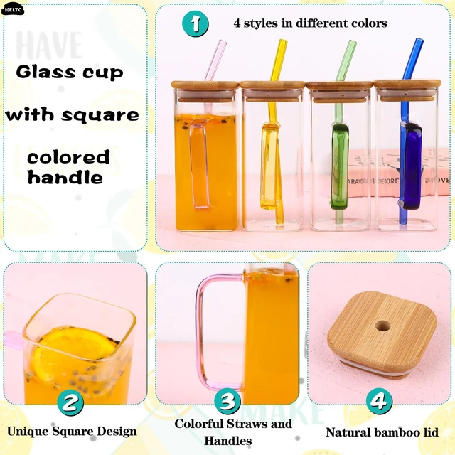 Colored Drinking Glasses With Matching Glass Straws and Bamboo