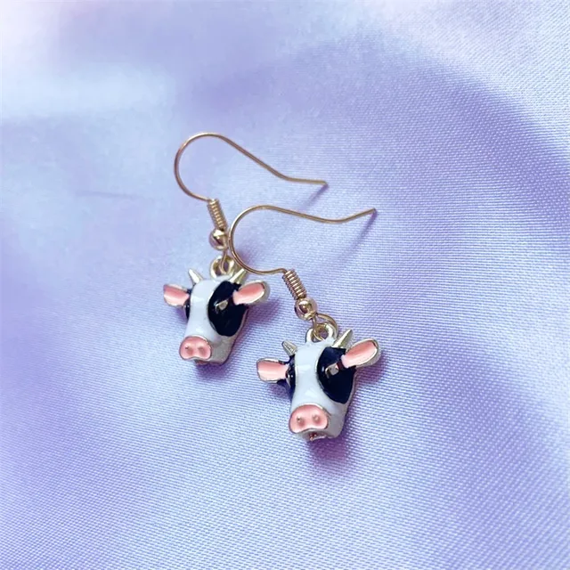멋지고 기발한 검은색 및 흰색 에나멜 황소 머리 수공예 드롭 귀걸이, 18k 금 도금 후크, 암소 보석 선물, 1 쌍