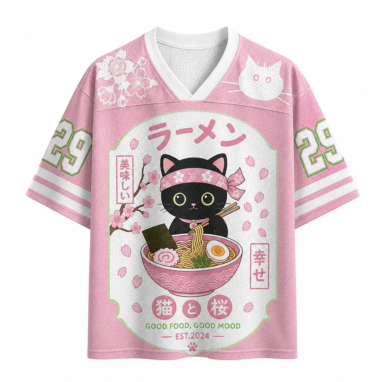 2026 Sommer Mode Neu Vintage Rosa Süße Katze isst Lamian-Nudeln 3D-Druck Outdoor Street Style Loose Fit T-Shirt Groß