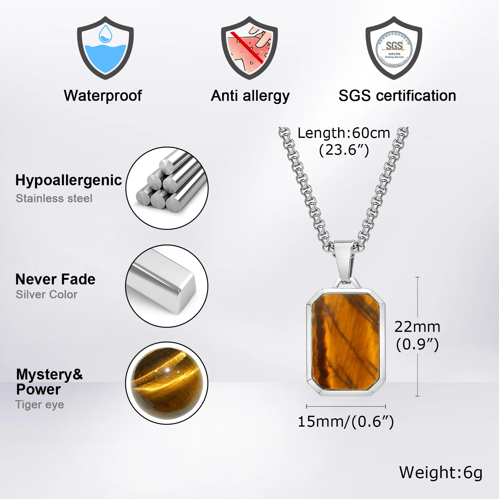 Stylish Geometric Square Necklaces for Men Boys,Blue Enamel Tiger Eye Stone Rectangle Pendant with Box Chain Collar,Male Jwelry