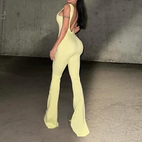 Women's slim fit solid color bell bottom pants sexy suspender jumpsuit pants - Image 5
