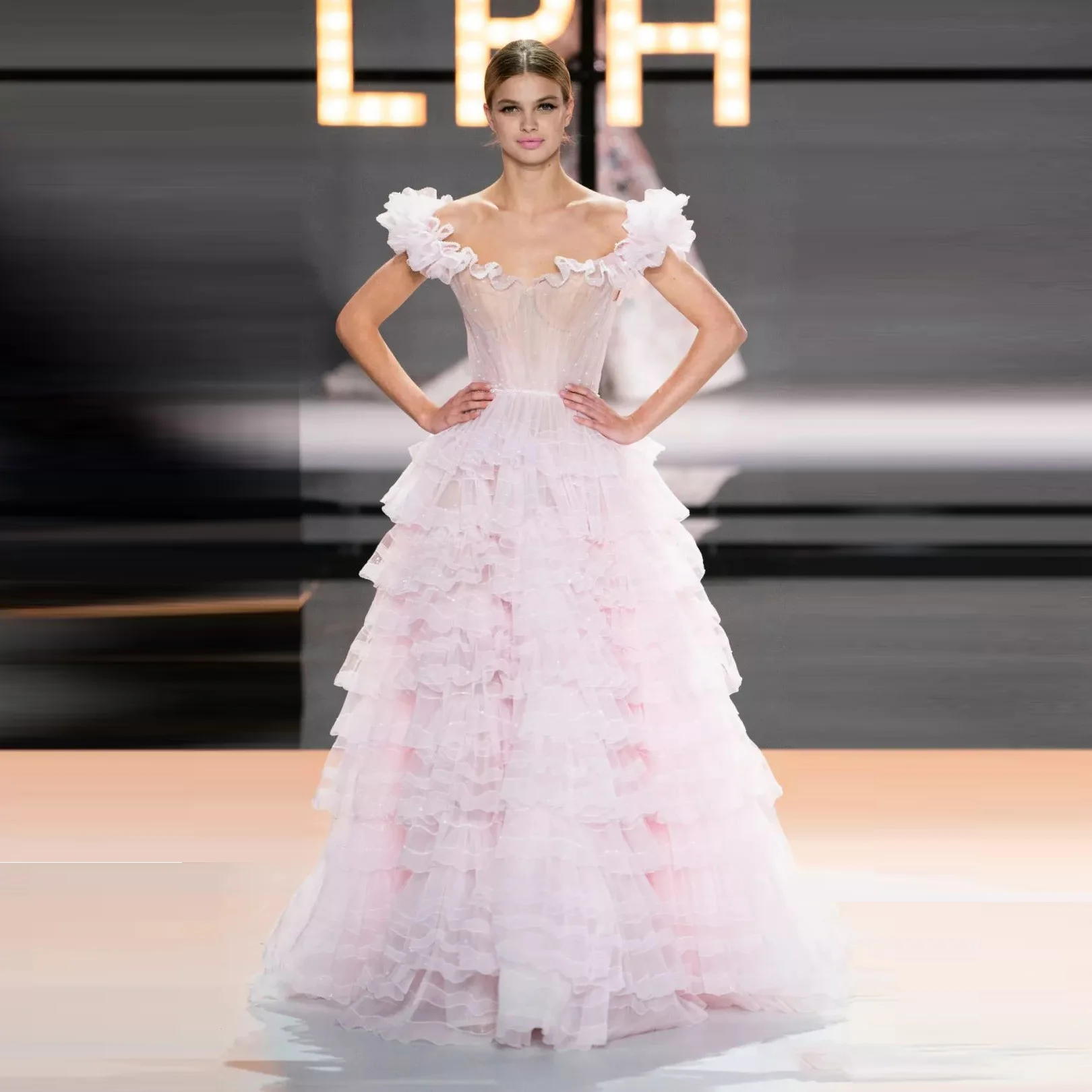 

Romance Tulle Blush Pink Party Dresses Off Shoulder Sequins Formal Dresses A Line Women Layered Long Prom Gowns Custom Made
