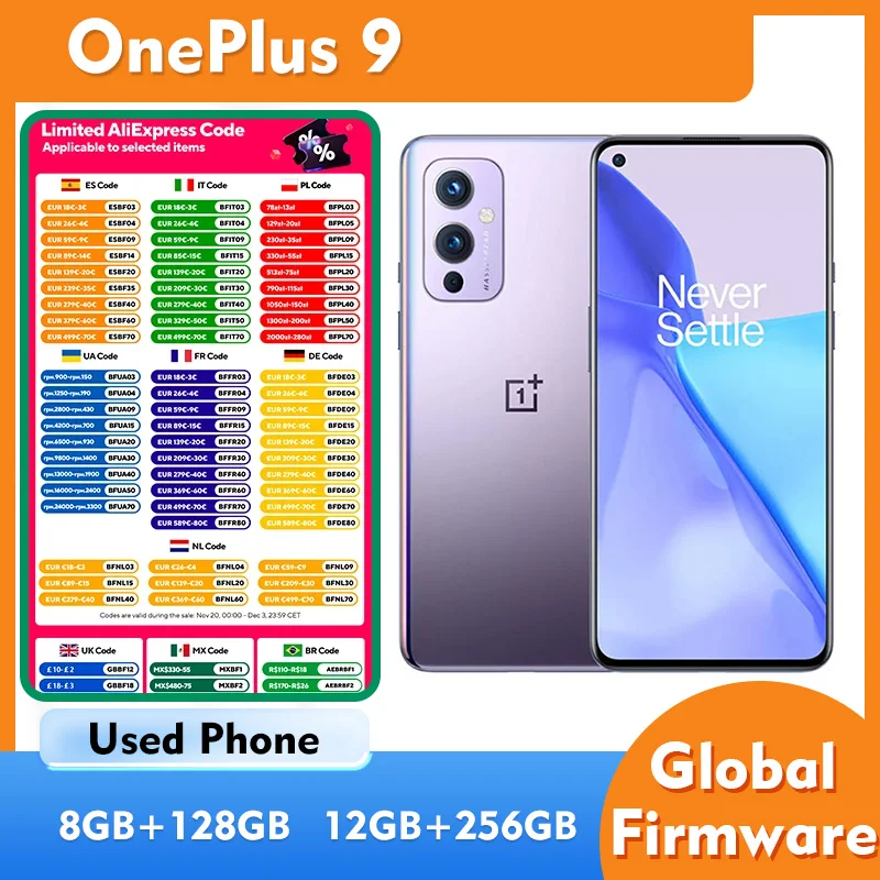 OnePlus 9 5G Smartphone CPU Snapdragon 888 6.55inches 4500mAh 2400x1080px RAM 8GB/12GS ROM 128GB/256GB used phone