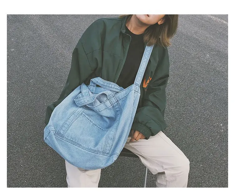 Big Soft Denim Slouch Shopping Bag Jean Fabric Female Handbag Leisure Korean Fashion Woman Shoulder Messenger Top-handle Bag New