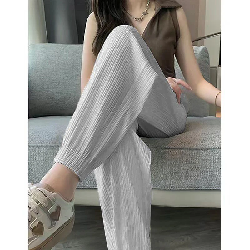Ice Silk Casual Wide Leg Harem Pants Trousers Solid Elastic Waist Women Clothing Streetweat Sport  Ankle-Length Pants Summer New