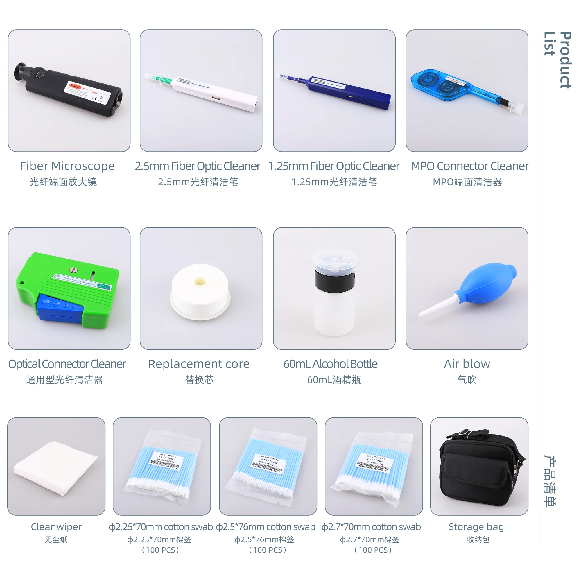 Fiber Optic Cleaning Kit 1.25/2.5mm Cleaning Pen with 400X Fiber Optic Detector Cleaning Box Alcohol Bottle and Cleaning Rod