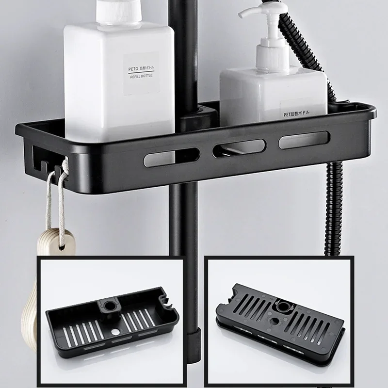 Bathroom Shower Storage Rack Organizer No Drilling Lifting Rod Shower Head Holder Shower Gel Shampoo Tray Holder Pole Shelves 4