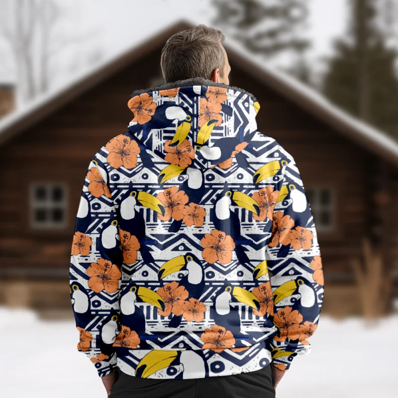 New Creative Cotton Coat Hooded Sweater Casual Print Men's Fur Loop Arctic Velvet Zipper Patch Pocket Hooded Sweater a47