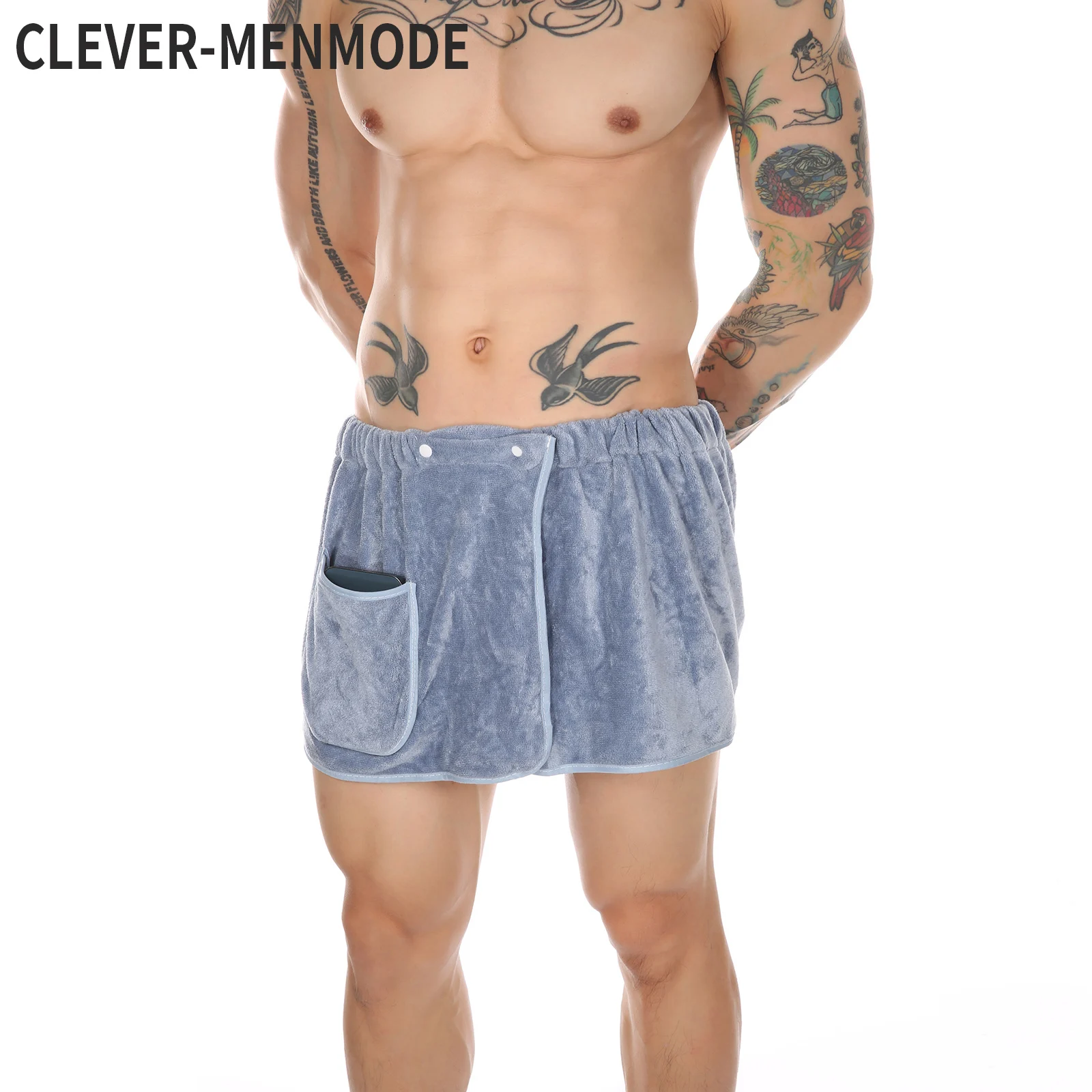 CLEVER-MENMODE Men Wearable Towel Pants Sleep Bottoms Sexy Culottes Pajamas Fluffy Nightwear Sauna Pocket Thick Homewear