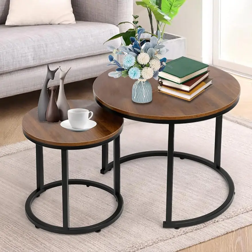 

Coffee Table Nesting Set of 2 Round End Table Accent Side Stacking Tables with Sturdy Metal Frame, Modern Living Room