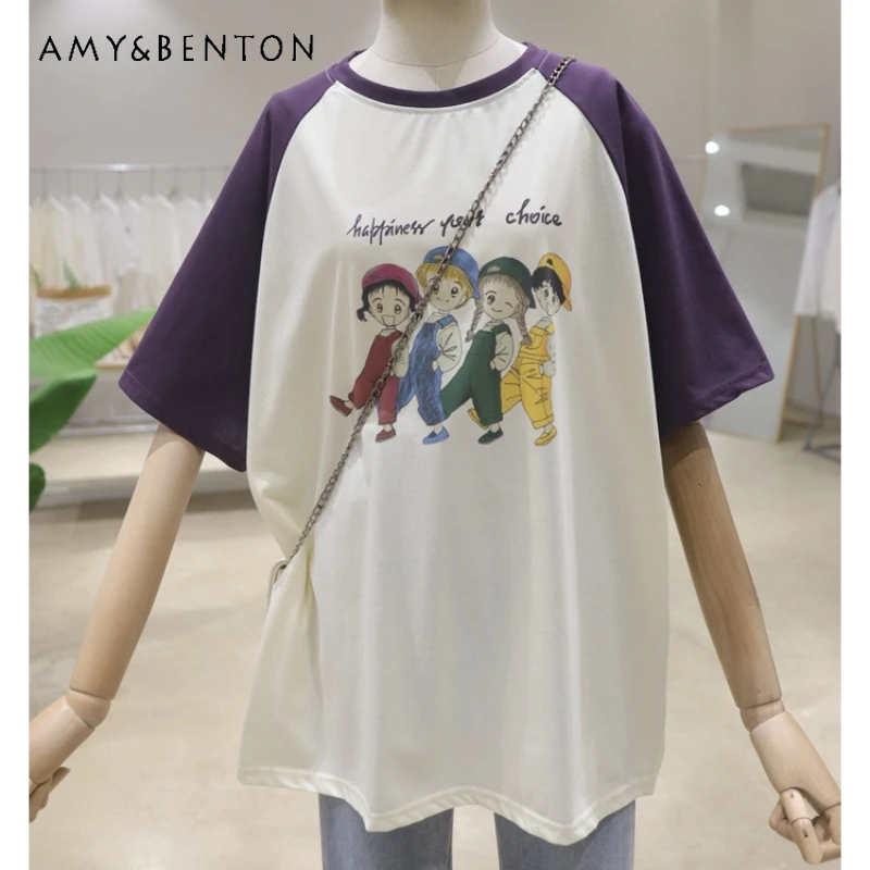 

New Contrast Color Raglan Sleeve Cartoon Print 2024 Summer Versatile Loose Slimming Cotton O-Neck Short Sleeve T-shirt For Women