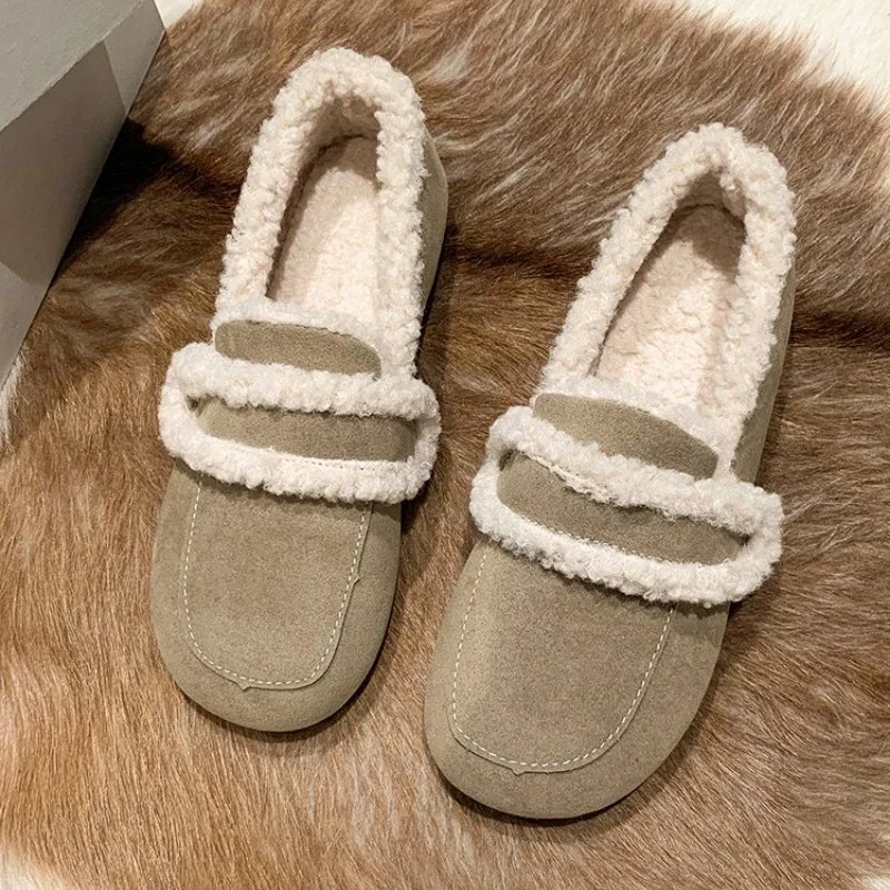 

Туфли женские плюшевые с круглым носком, модная повседневная однотонная теплая обувь без застежки, на плоской подошве, для отдыха, зимние