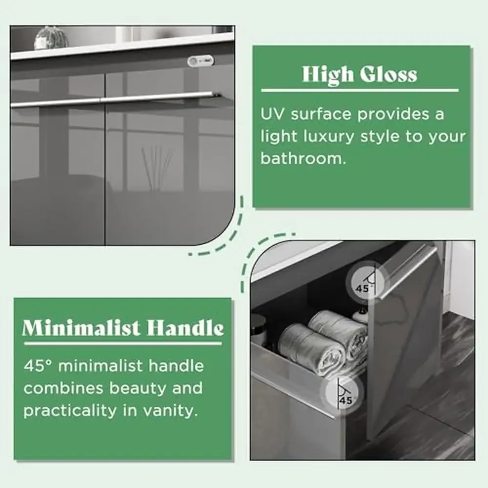 31" LED Floating Bathroom Vanity Cabinet High Gloss Single Sink Wall Mounted Modern Storage Unit Elegant Acrylic Sink Automatic