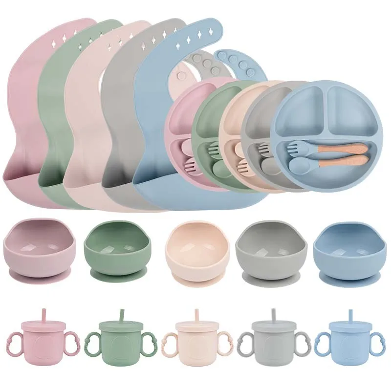 Zackoo 6PCS Silicone Children Tableware Sucker Bowl Dishes Kids Waterproof Bib Children's Tableware Straw Cup Baby Feeding Set
