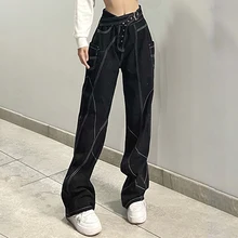 

WeiYao Gothic Black Wide Leg Jeans With Belt Women Dark Academic Denim Trousers Casual Streetwear Grunge Fairycore Punk Pants