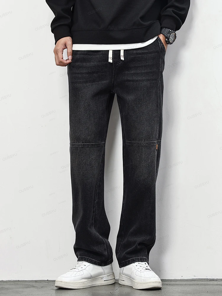 Autumn Winter Retro Blue Jeans Men Cotton Straight Pants Elastic Waist Thick Casual Trousers Male Large Size 4XL Brand Clothing 2