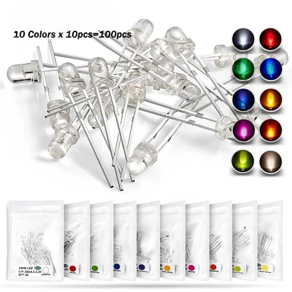 FY 100pcs 3mm LED Diode Ultra Bright Multicolor Emitting Assortment 2V 3V Warm White Red Green Blue UV Purple Yellow Orange Pink
