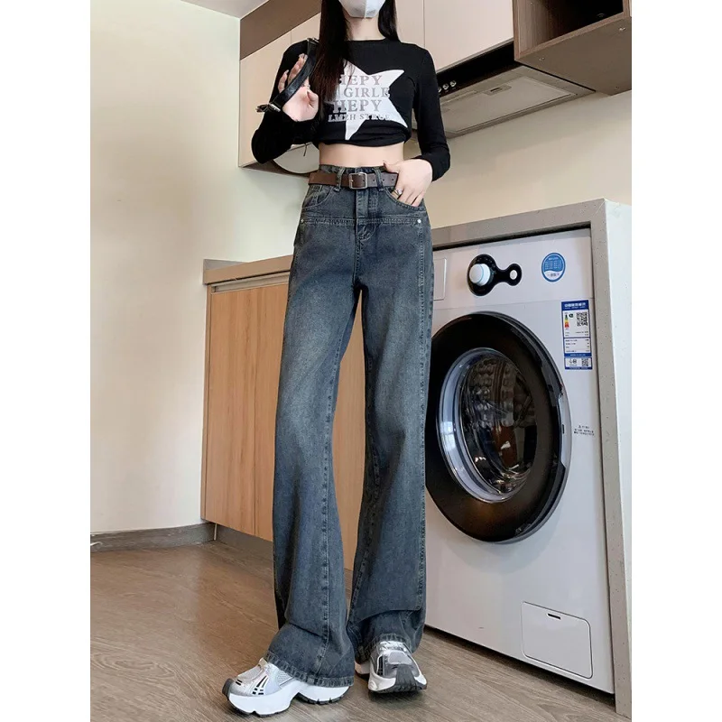 Advanced Cement Grey High Waisted Wide Leg Jeans for Women's New Retro Loose Straight Leg Floor Pants 3