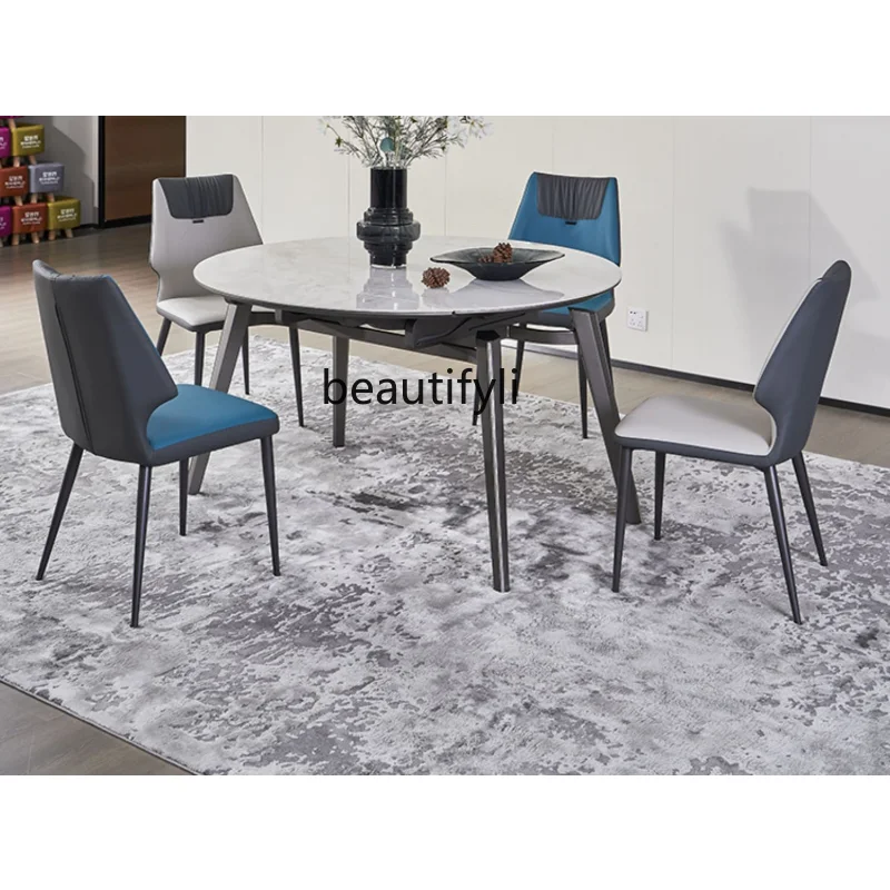 

Multi-Functional Stone Plate Dining Tables and Chairs Set Household Small Apartment Modern Telescopic round Dining Table chair