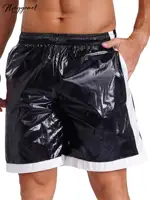 Mens Wet Look Boxer Shorts Drawstring Elastic Waist Pockets Waterproof Beach Shorts Swimming Trunks Loose Fit Short Pants Club 1