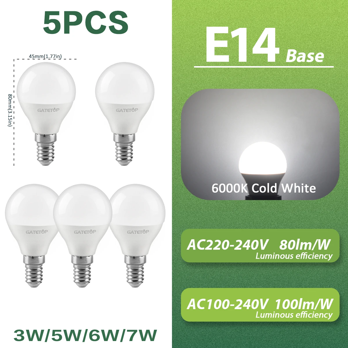 Eco-Friendly LED G45 E14 Light Bulbs - 5-Pack, Non-Flicker, Energy Efficient Lamp