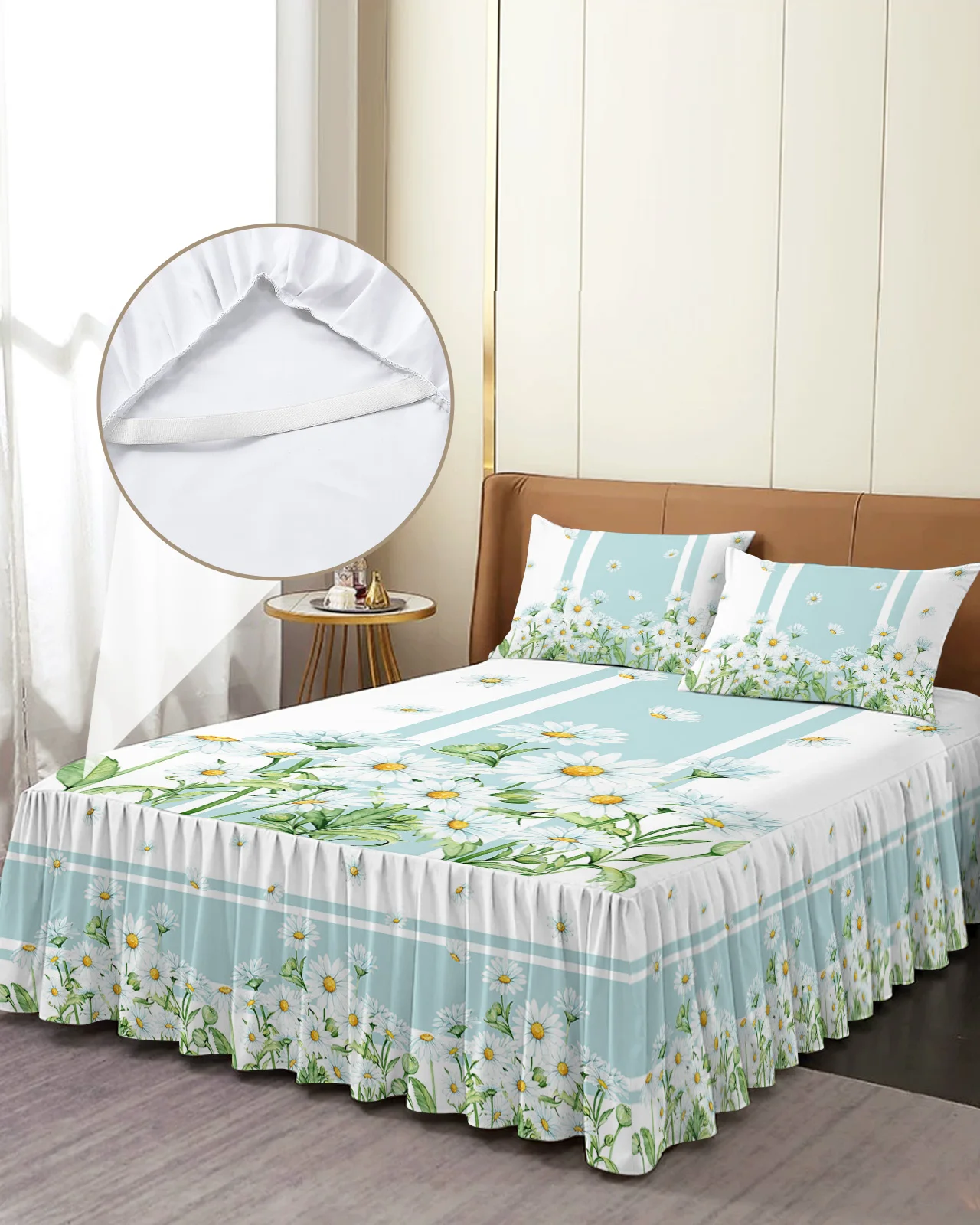 

Summer Flowers Daisies Watercolor Blue Bed Skirt Elastic Fitted Bedspread With Pillowcases Mattress Cover Bedding Set Bed Sheet