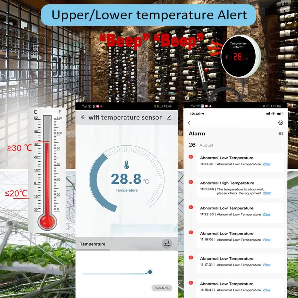 Sensor de temperatura WiFi con sonda externa impermeable, monitor  inteligente de humedad de temperatura con retroiluminación LCD, monitor  remoto para incubadora de bodega : : Jardín