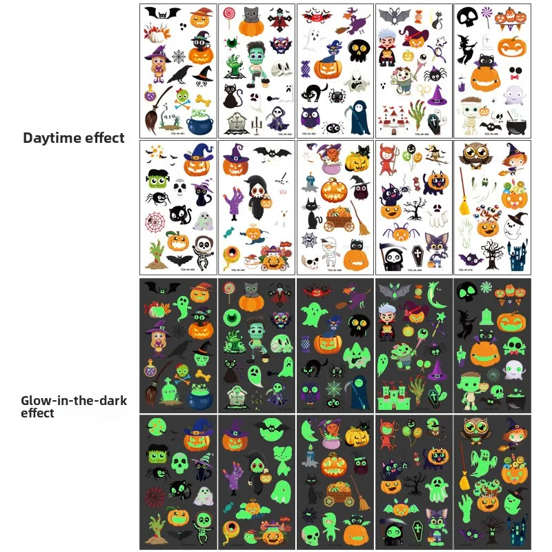Luminous Halloween Temporary Tattoo Set - 10 Sheets of Assorted Designs for Party Fun and Gift-Giving