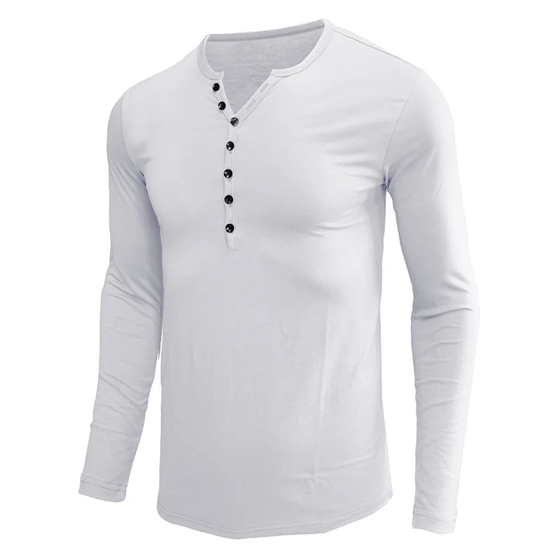 Frühling Herbst Slim Fit Herren Grau Langarm Henley T-Shirts Schwarze Knöpfe Pullover Basisschicht für Freizeitkleidung – Detail 6