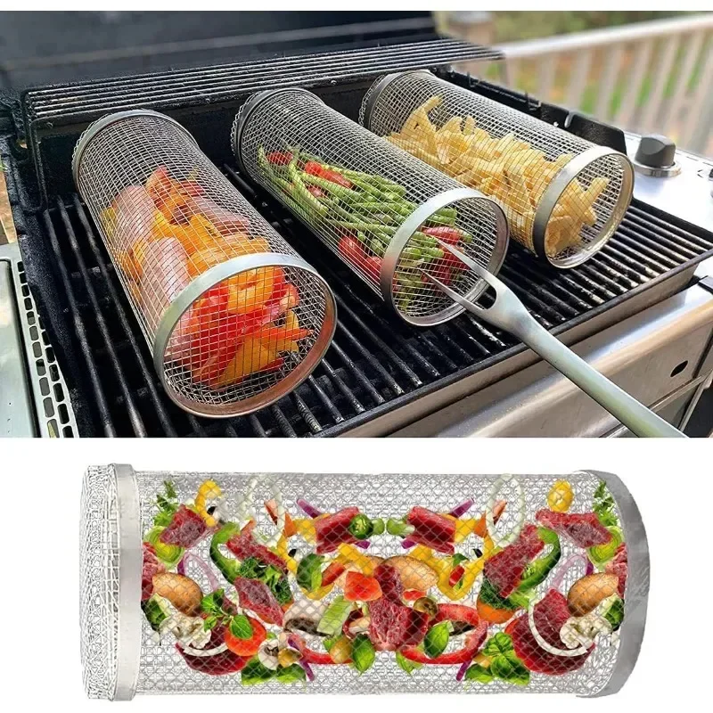 Outdoor Camping Barbecue Round Barrel Rolling Grill Basket Grill Cage Grill Rack Grill Mesh