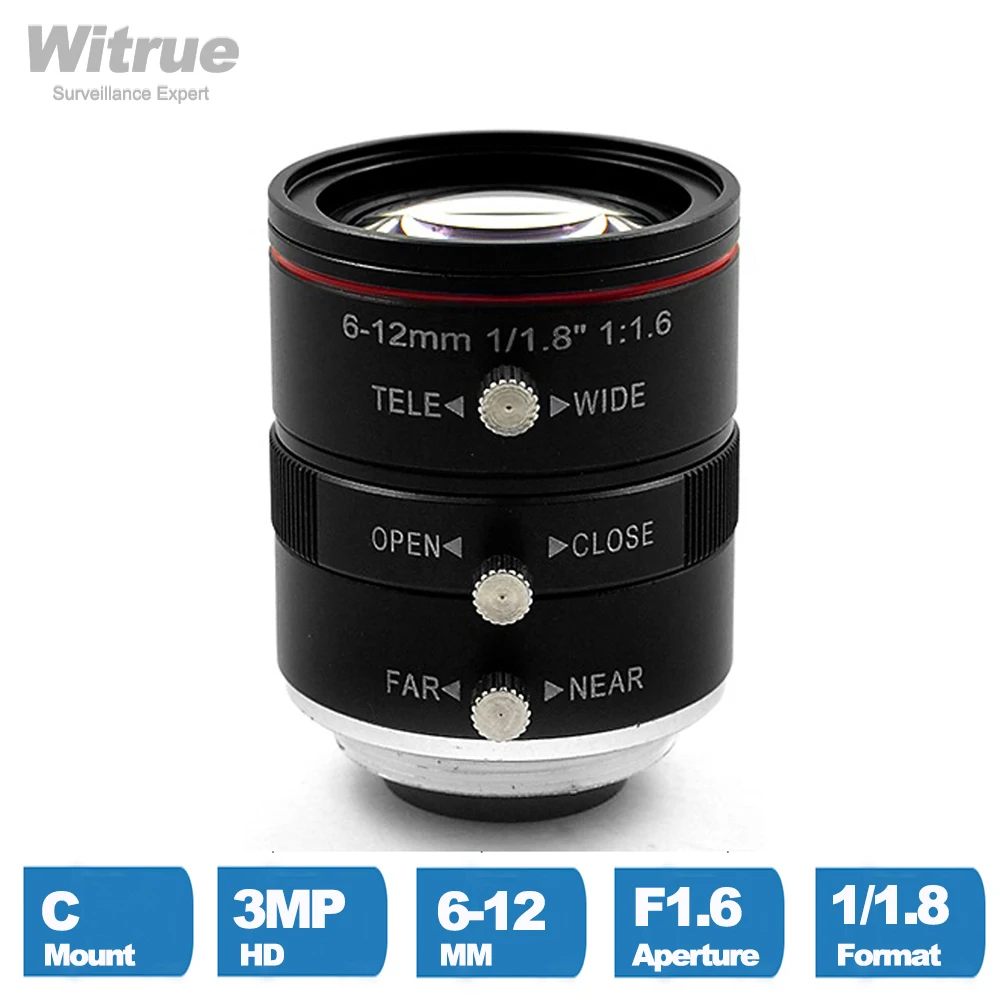 Witrue HD 3MP Industial CCTV Lens 6-12mm Varifocal  C Mount 1/1.8 Inch Aperture F1.6  for Video Surveillance IP Cameras