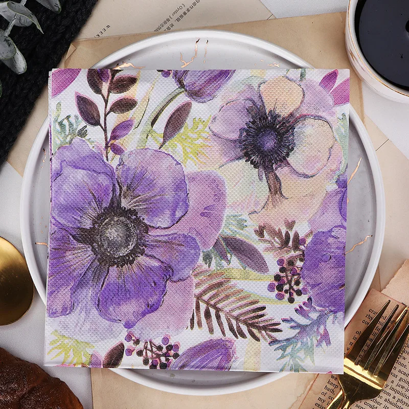 20pcs/bag Retro Purple Flower Printed Napkins Paper Disposable Tableware Wedding Bridal Party Decoration