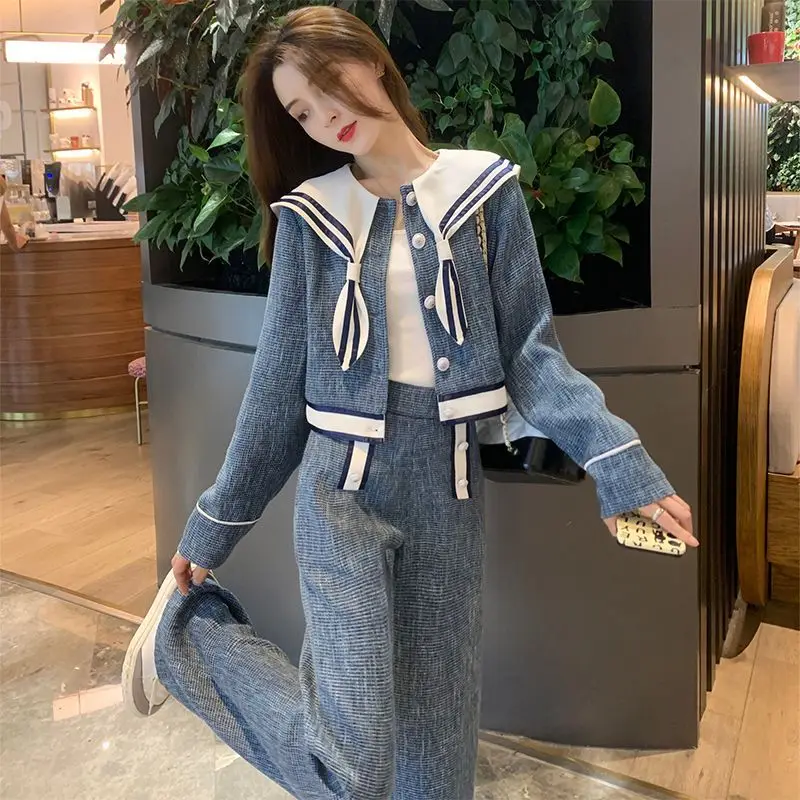Fashion Women's Set 2023 Autumn/Winter Korean Version New Wide Leg Pants Navy Collar Coat Two Pieces for Women