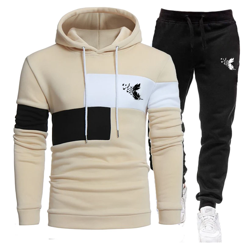 New Men's Fashion Hooded Pants Set Printed Panel Pullover Casual Jogging Set Feather Printed Sportswear Sweater Set