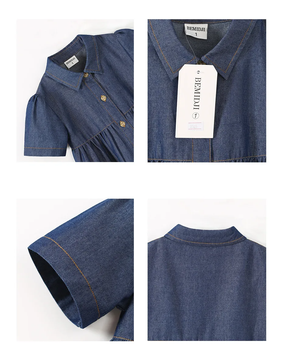 Summer Children's Clothing Girls Denim Dresses Solid Colors Kids Short Sleeve Dresses O-Neck Kids Girl Casual Wrinkles Dress