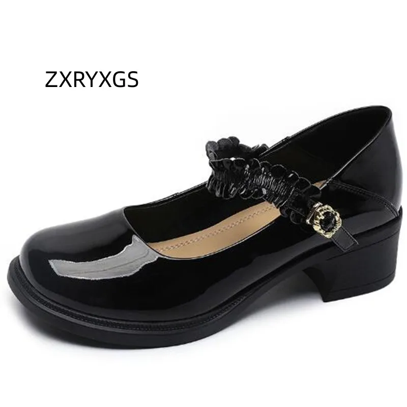 

ZXRYXGS Premium Cowhide Lacquer Leather Trendy Shoes Woman New 2023 Autumn Thick Mid Heels Comfortable Large Size Single Shoes