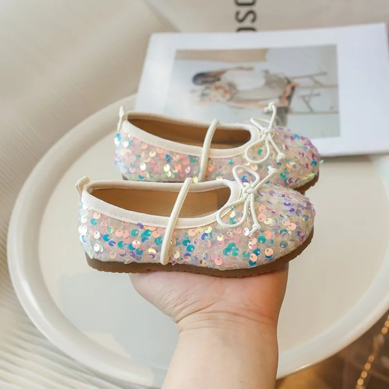 Girls' Shoes 2025 Spring New Fashion Little Girl Sequin Princess Shoes Soft Sole Girls' Shallow Mouth Single Shoes Breathable - 4