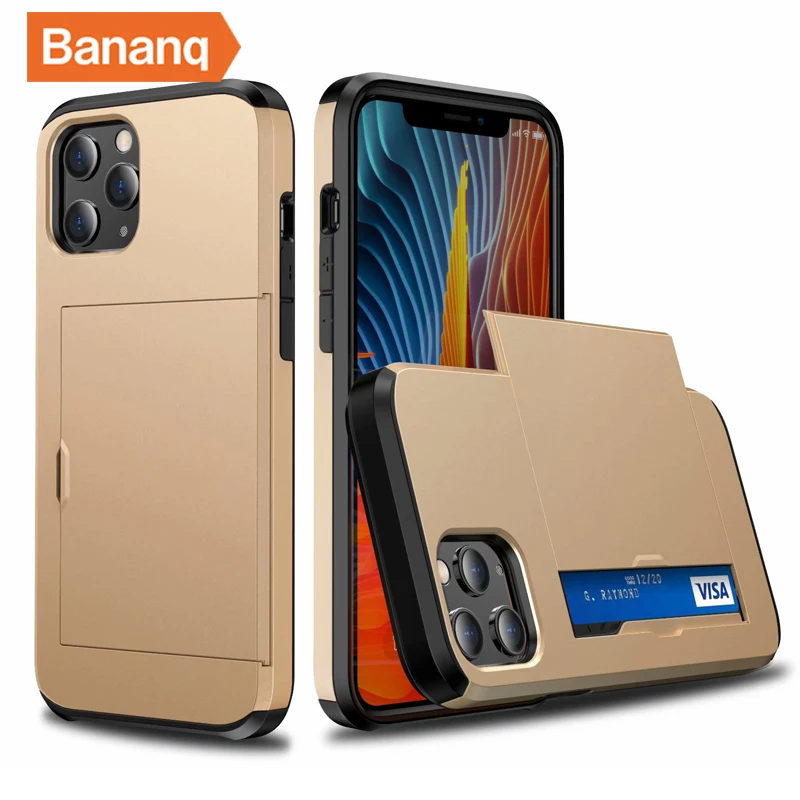 thumbnail image 1 of Bananq - Funda para teléfono con ranura para tarjetas deslizante para iPhone 16, 15, 14 Plus, 13, 12 Mini, 11 Pro Max, a prueba de golpes, tipo billetera y tarjetero, 1 of 5