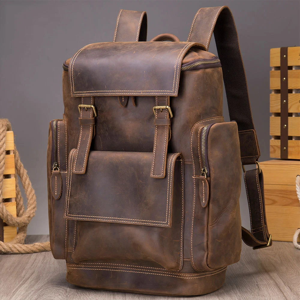 

High Capacity Travel Backpack Male Crazy Horse Leather Bagpacks For Daypack School Bag Big Laptop Backpack 15.6 inch Bagpack Men