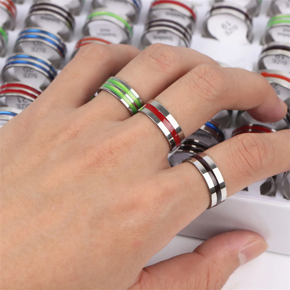 50 Teile/los Edelstahl Einfache Bunte Streifen Echtheit Ring für Männer Und Frauen Mode Klassischen Charme Schmuck Zubehör Geschenk – Detail 8