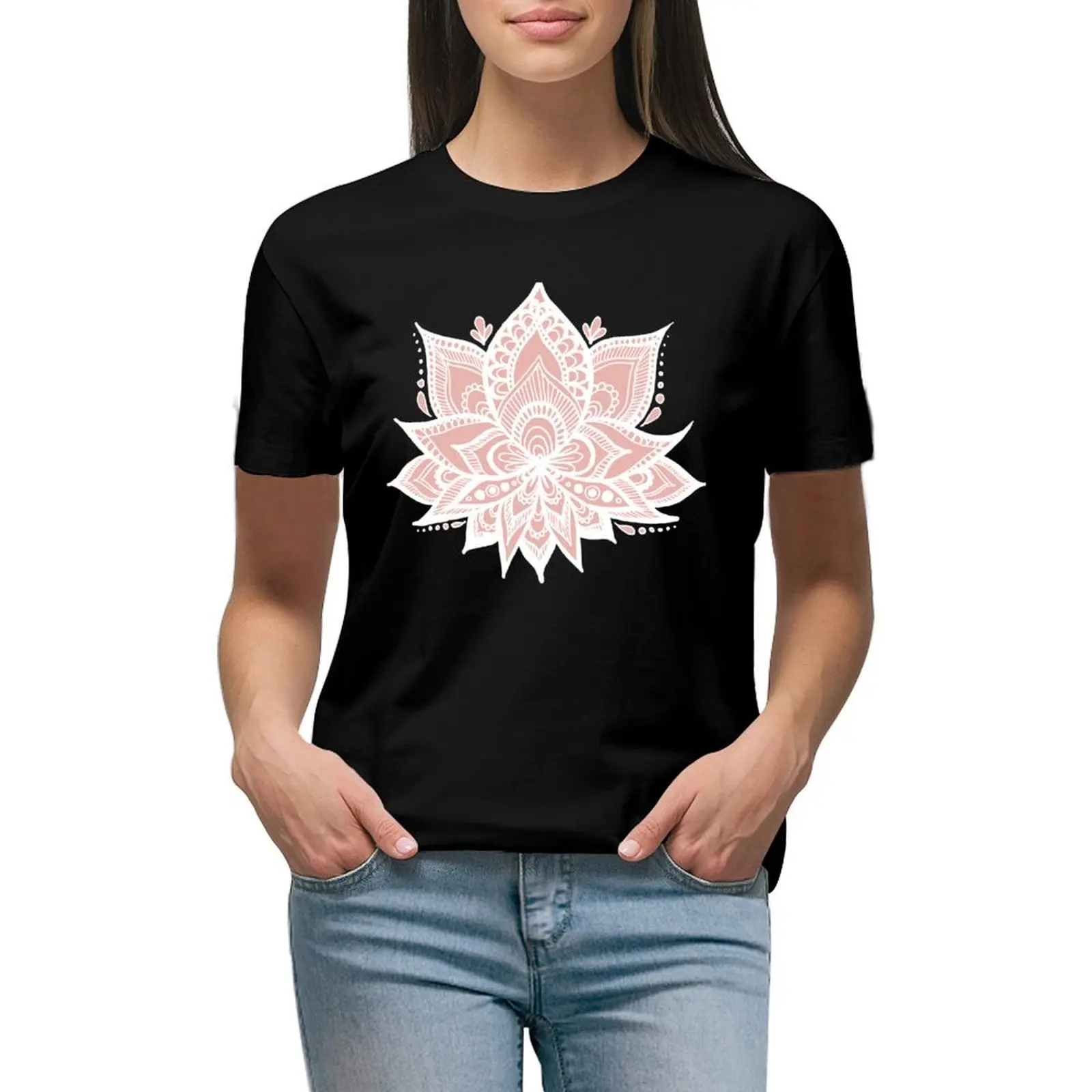 

White Lotus Flower on Rose Gold T-Shirt korean fashion lady clothes tees cropped t shirts for Women