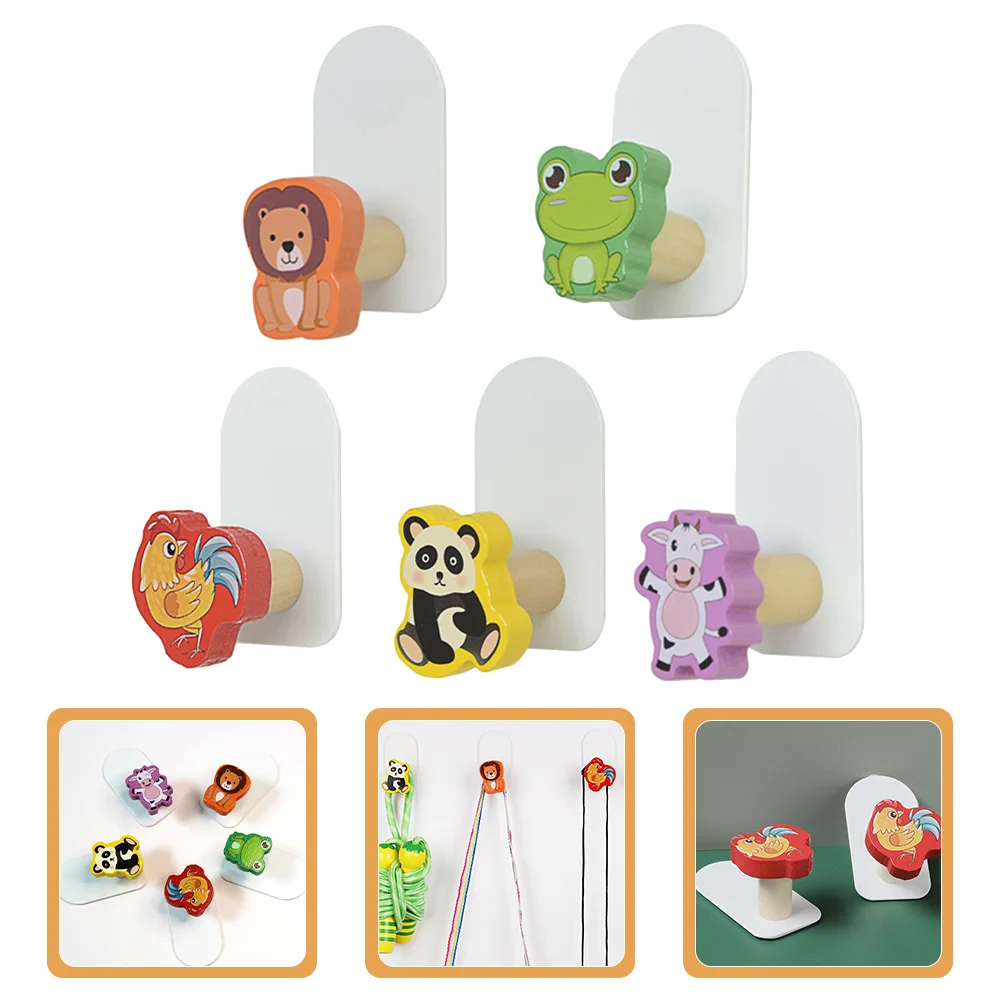 

5 Pcs Wooden Cartoon Hook Wall Mounted Coat Hooks Picture Hangers Cute No Punching